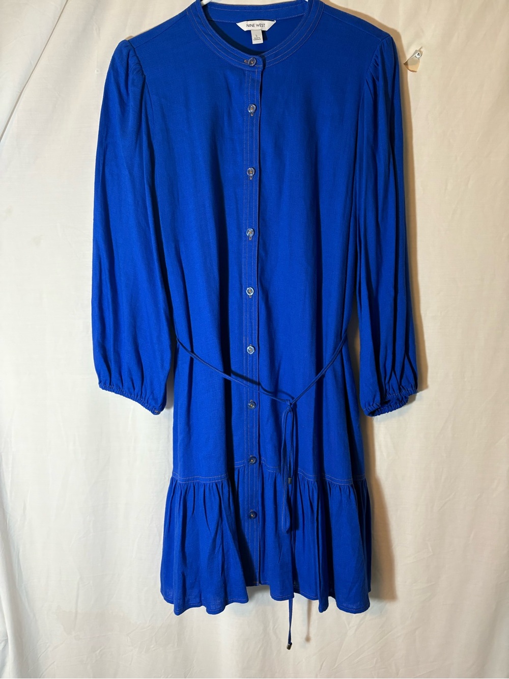 Nine West Cobalt Blue Button-Front Long Sleeve Tie-Waist Dress